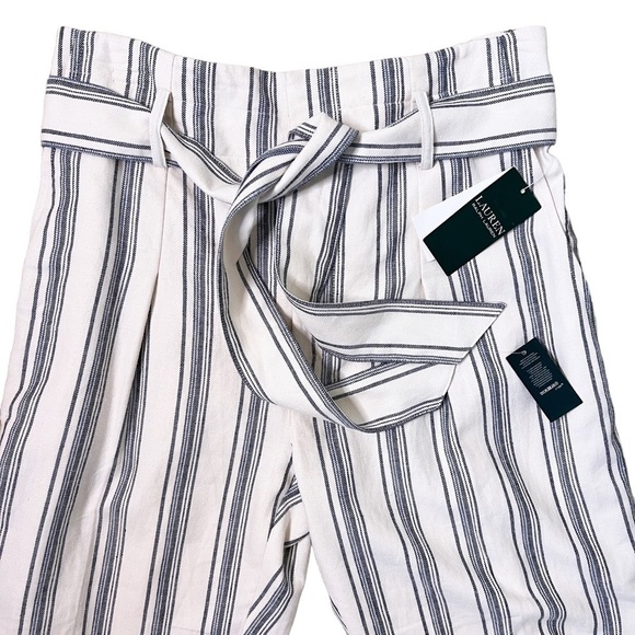 LAUREN RALPH LAUREN NWT Linen Blend Tie High Waist Pants Size 4 in Blue Stripe - Picture 7 of 15